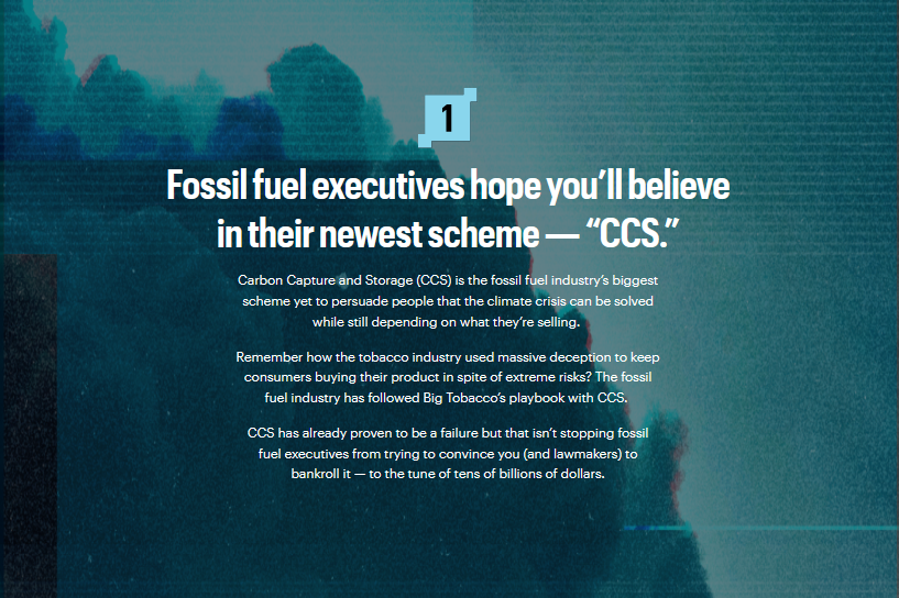 white text over blue background - "Fossil fuel executives hope you'll believe in their newest scheme - CCS."